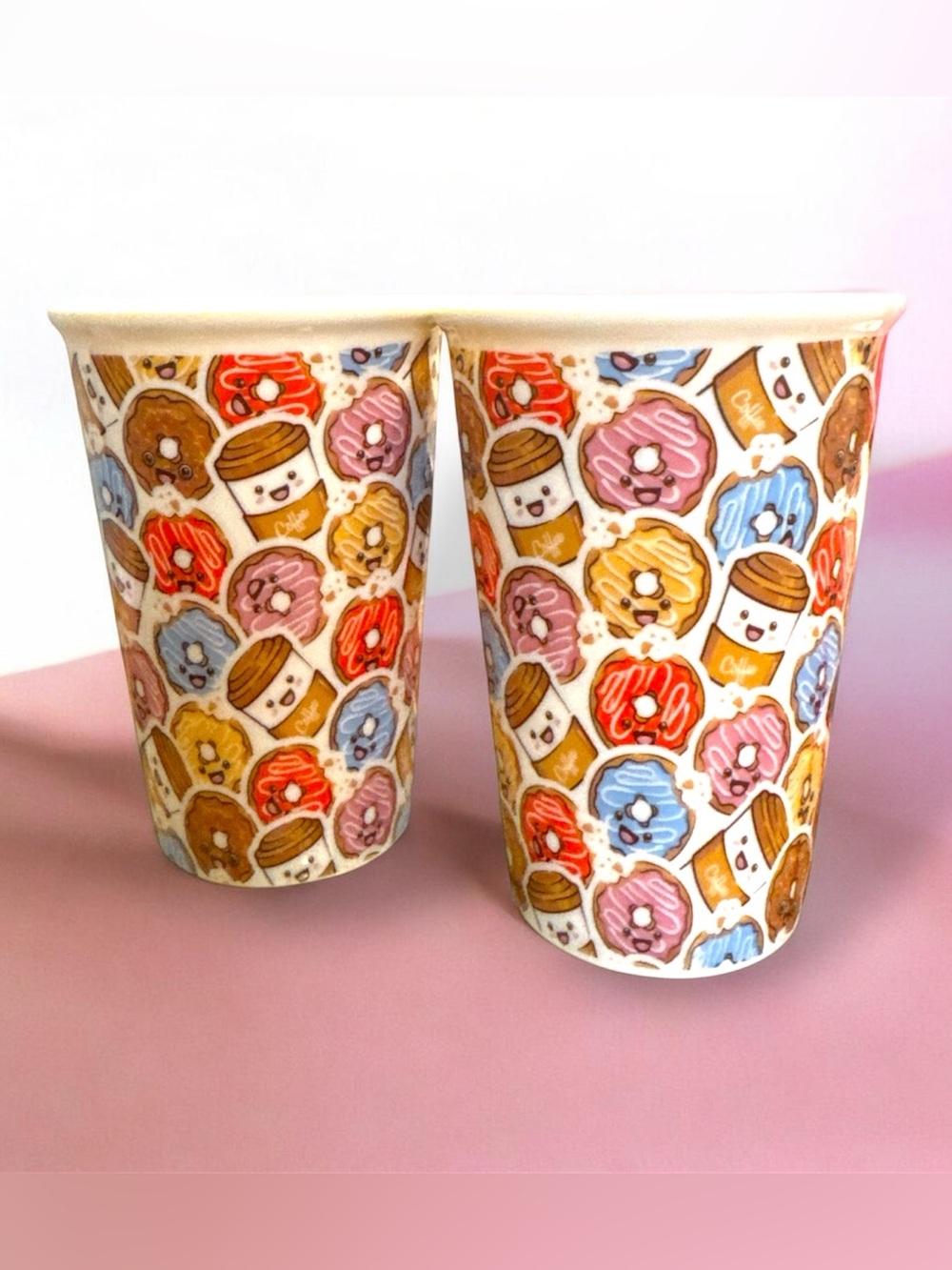 Cute Donut & Coffee Pattern Ceramic Handleless 14 oz set of 2 Coffee Mugs